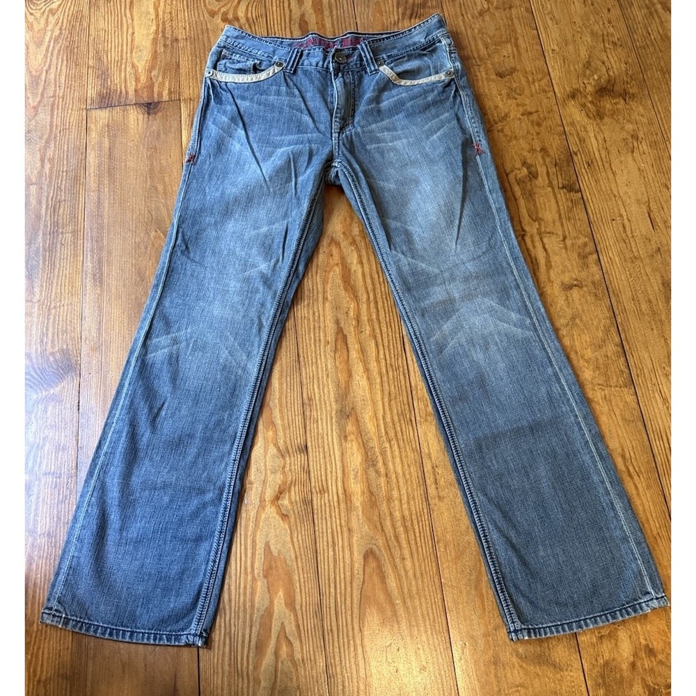 ARCHAIC DENIM Mens 34x32 Leather Snap Pocket  Flap Distressed Med Wash Button